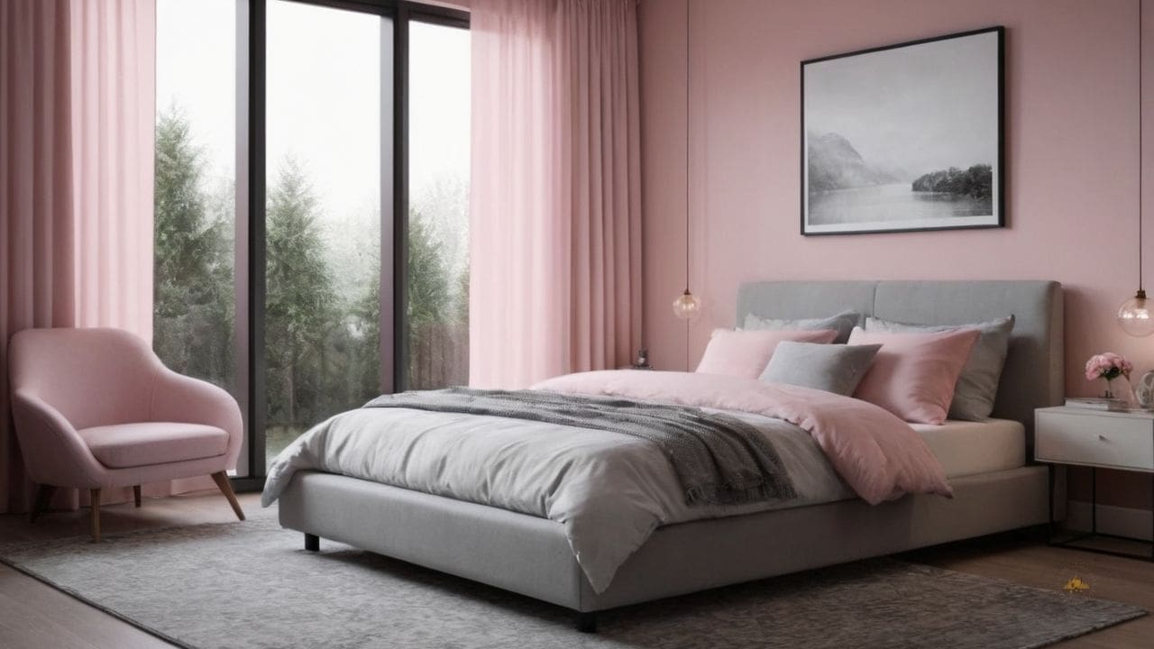 47. Quarto cinza e rosa proporciona estilo atemporal