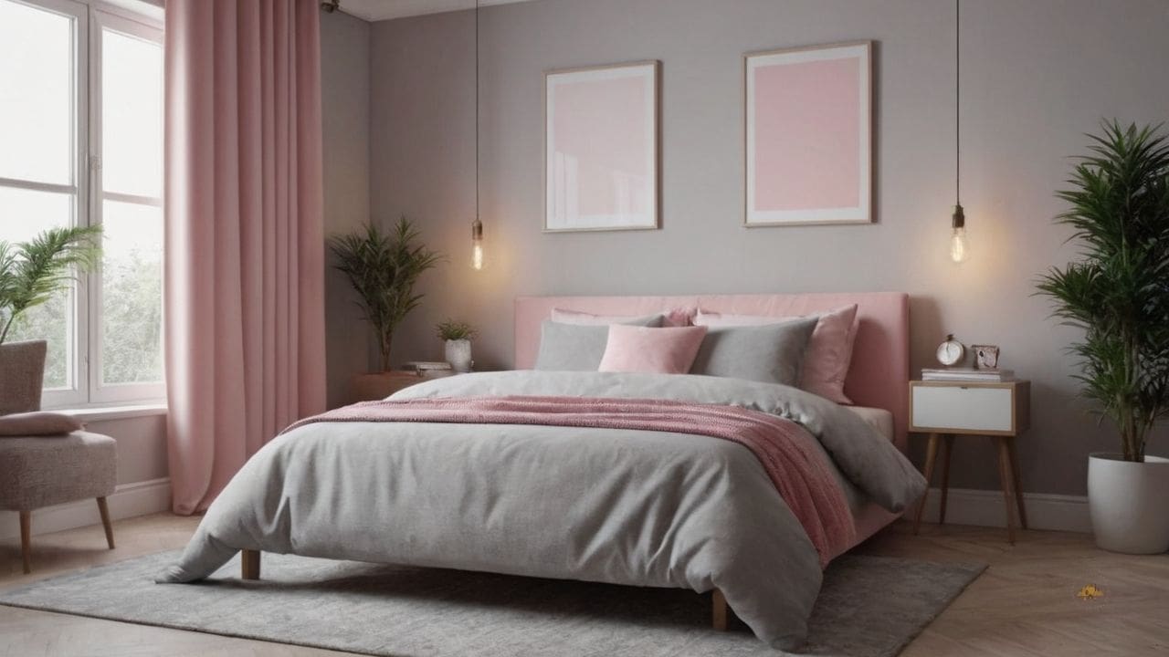 50. Quarto cinza e rosa proporciona ambiente aconchegante