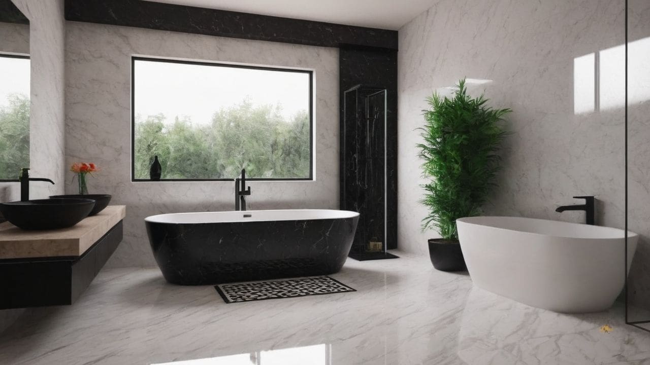 54. O banheiro calacata com preto proporciona ambiente funcional e bonito