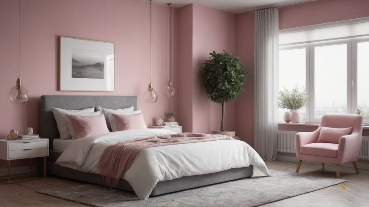 56. Quarto cinza e rosa proporciona ambiente calmante