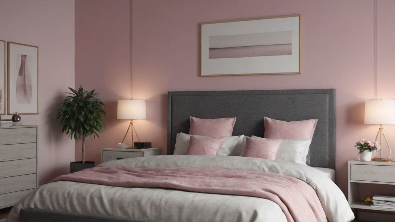 58. Quarto cinza e rosa proporciona elegância e sofisticação