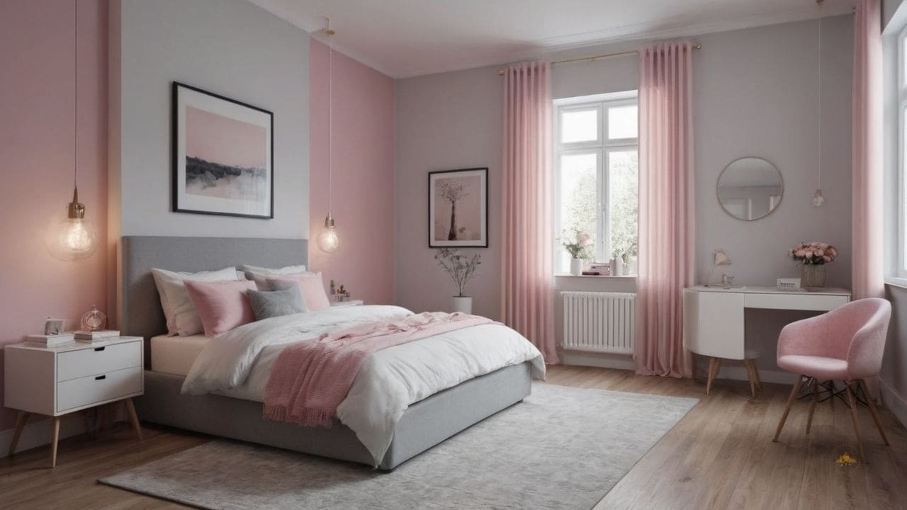 59. Quarto cinza e rosa proporciona ambiente neutro