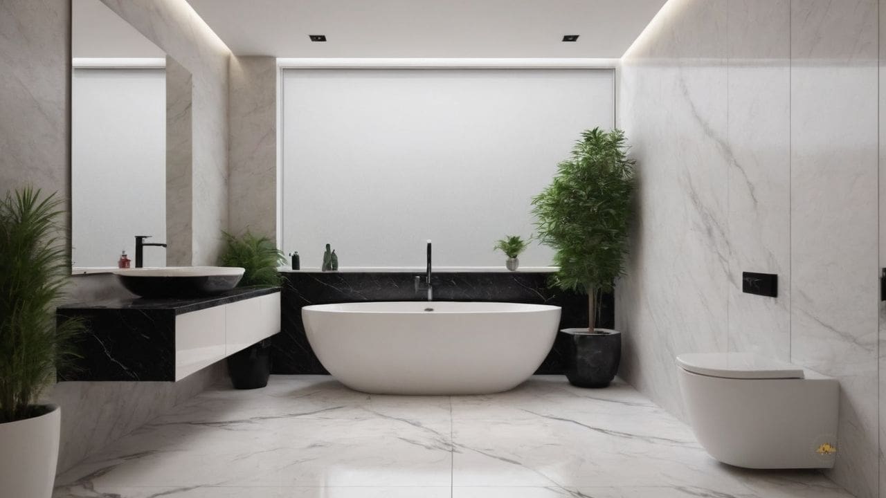 60. O banheiro calacata com preto proporciona ambiente de alta qualidade