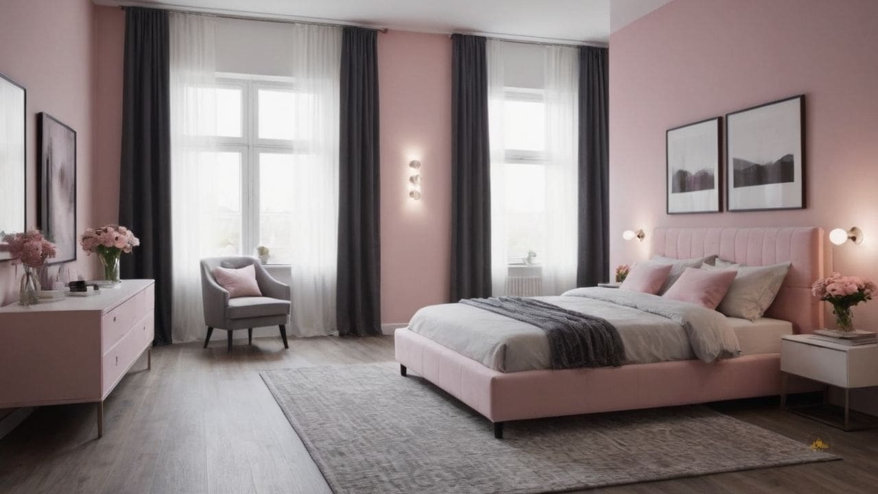 60. Quarto cinza e rosa proporciona visual limpo