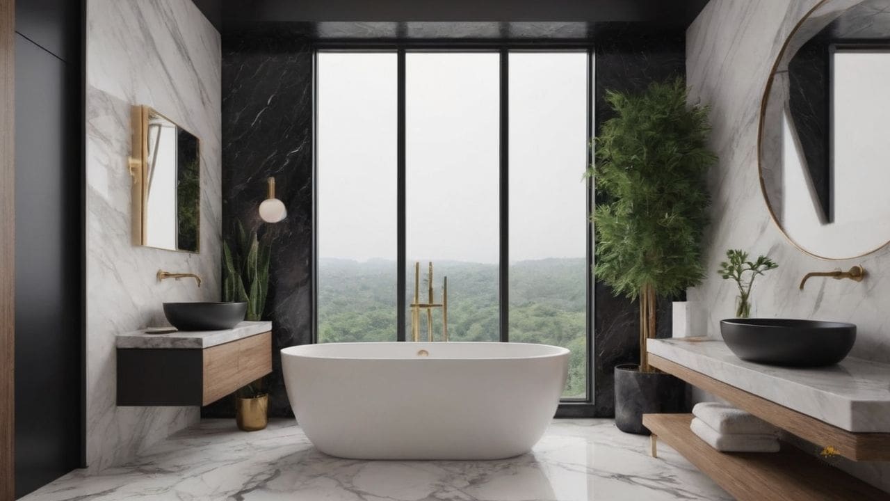 7. O banheiro calacata com preto proporciona versatilidade decorativa