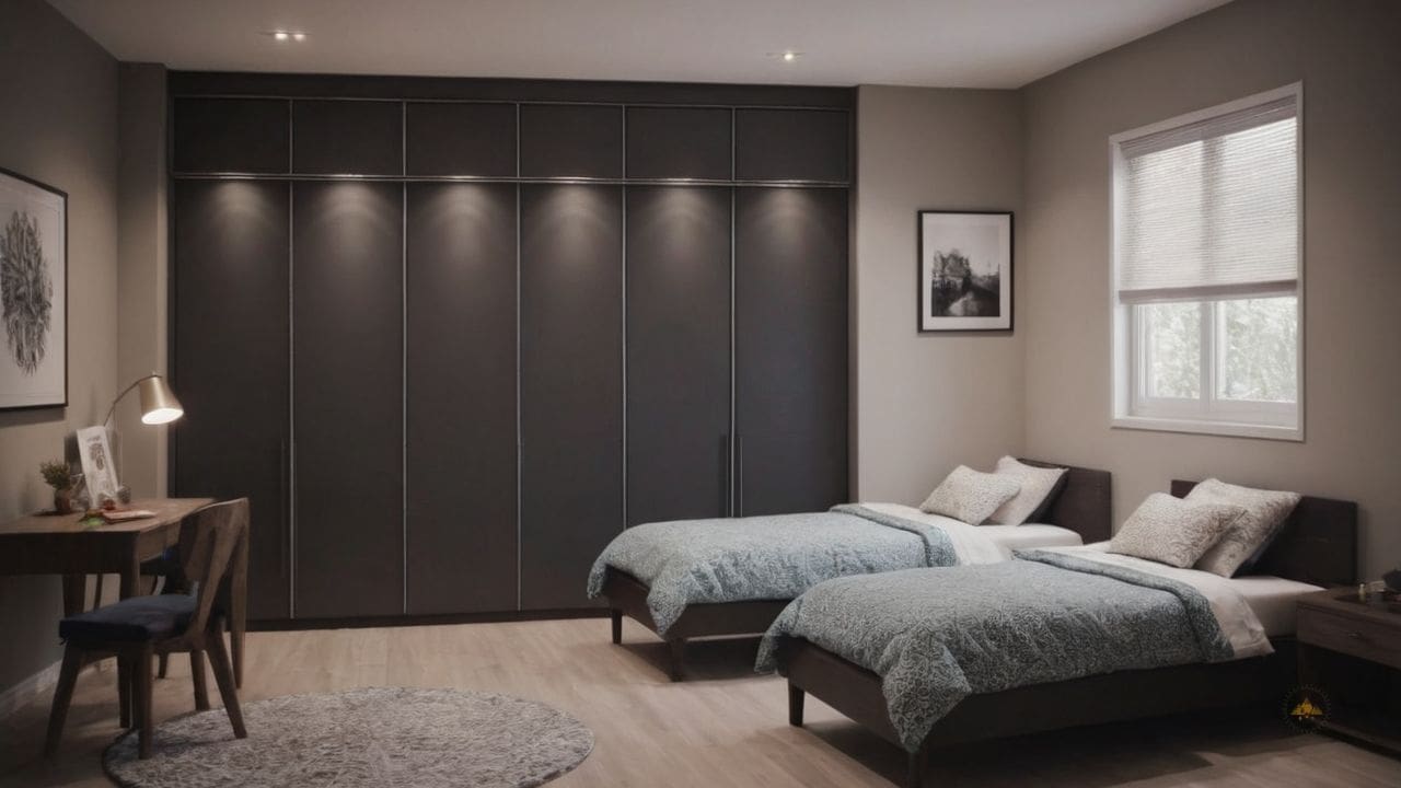 7. Um quarto pequeno para dois irmãos com guarda-roupa proporciona desenvolvimento de habilidades de compartilhamento