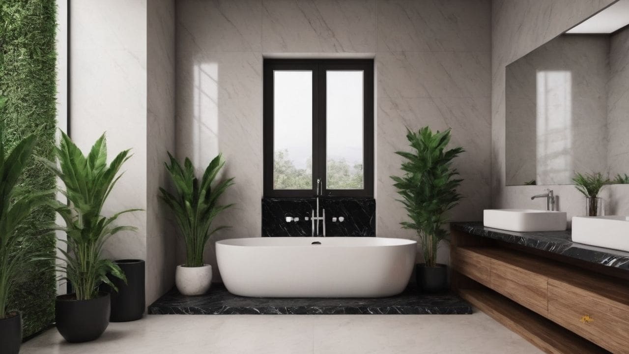 8. O banheiro calacata com preto proporciona durabilidade do mármore