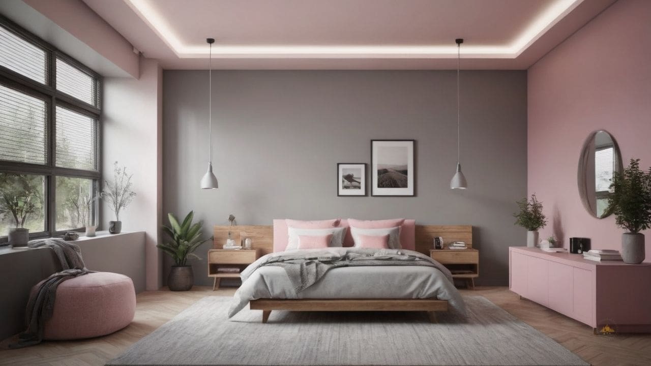 9. Quarto cinza e rosa proporciona estilo personalizado