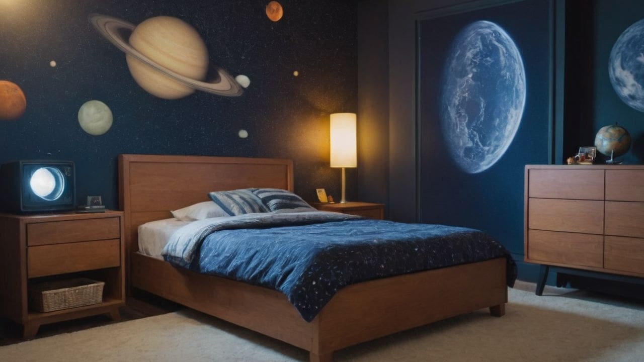 Quarto infantil masculino com o tema de Espaço Sideral