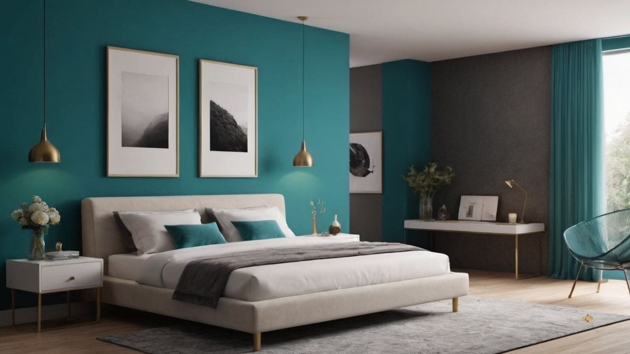 12. Quarto azul turquesa proporciona atmosfera relaxante