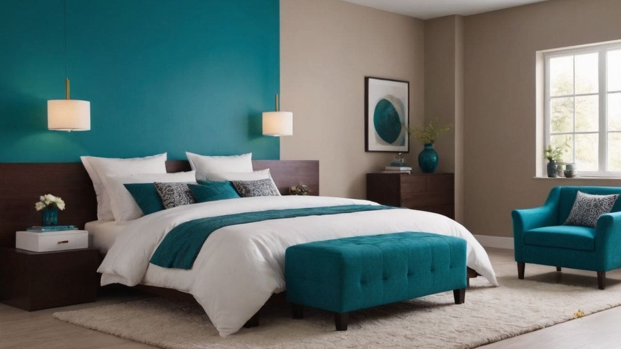 28. Quarto azul turquesa proporciona flexibilidade de decoração