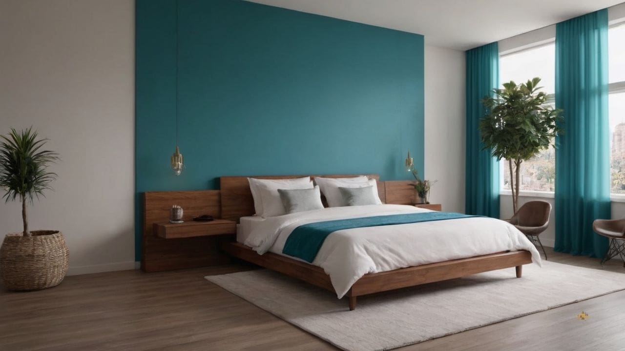 47. Quarto azul turquesa proporciona estilo personalizável