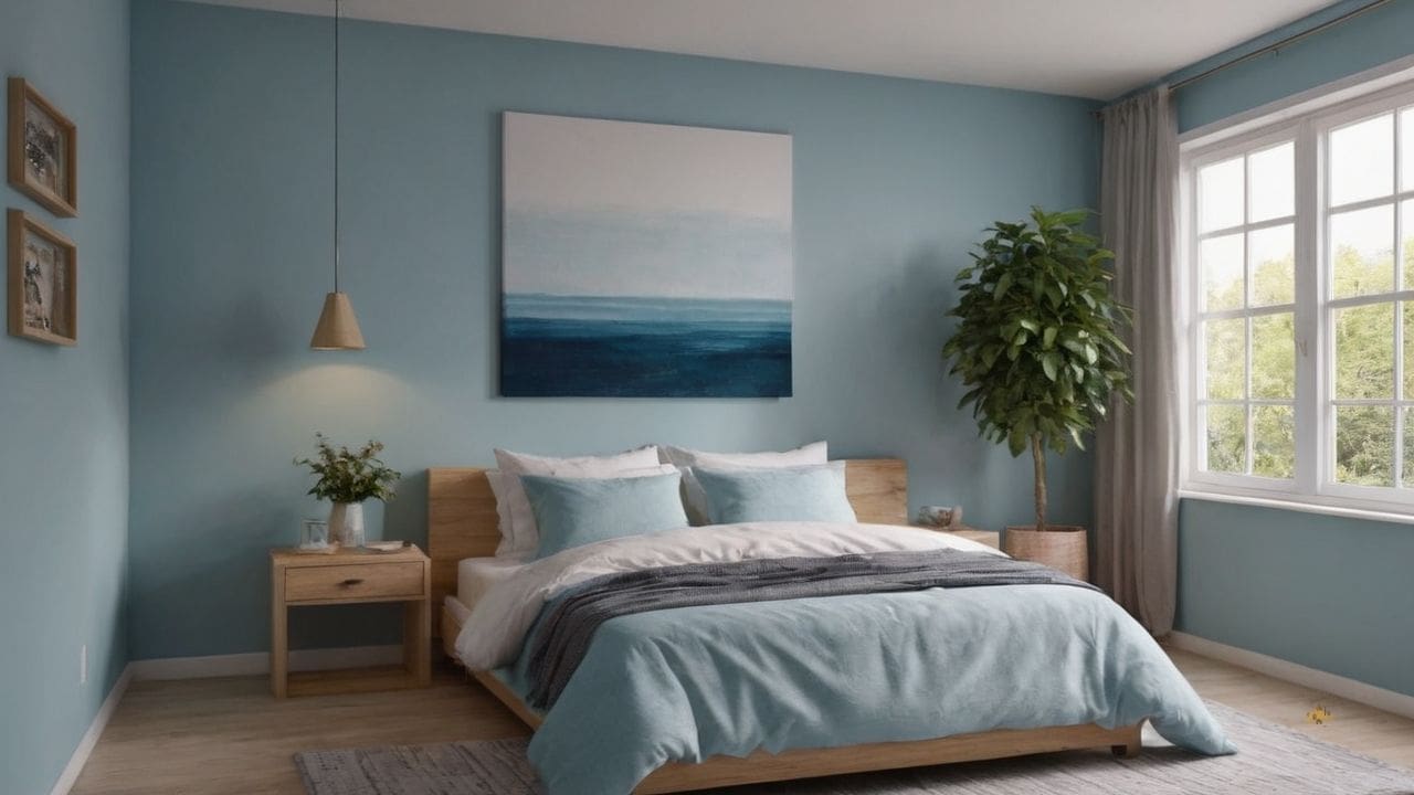 34. Um quarto azul claro proporciona decoração personalizável