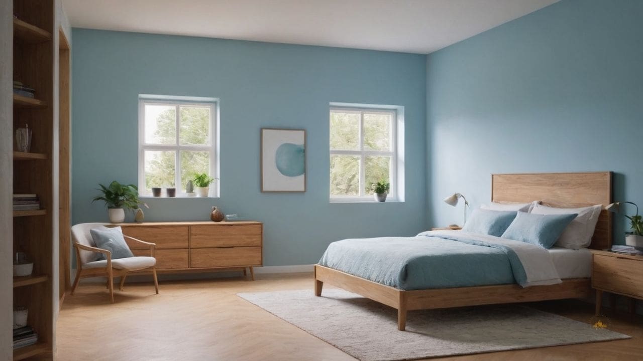 44. Um quarto azul claro proporciona decoração fácil de atualizar