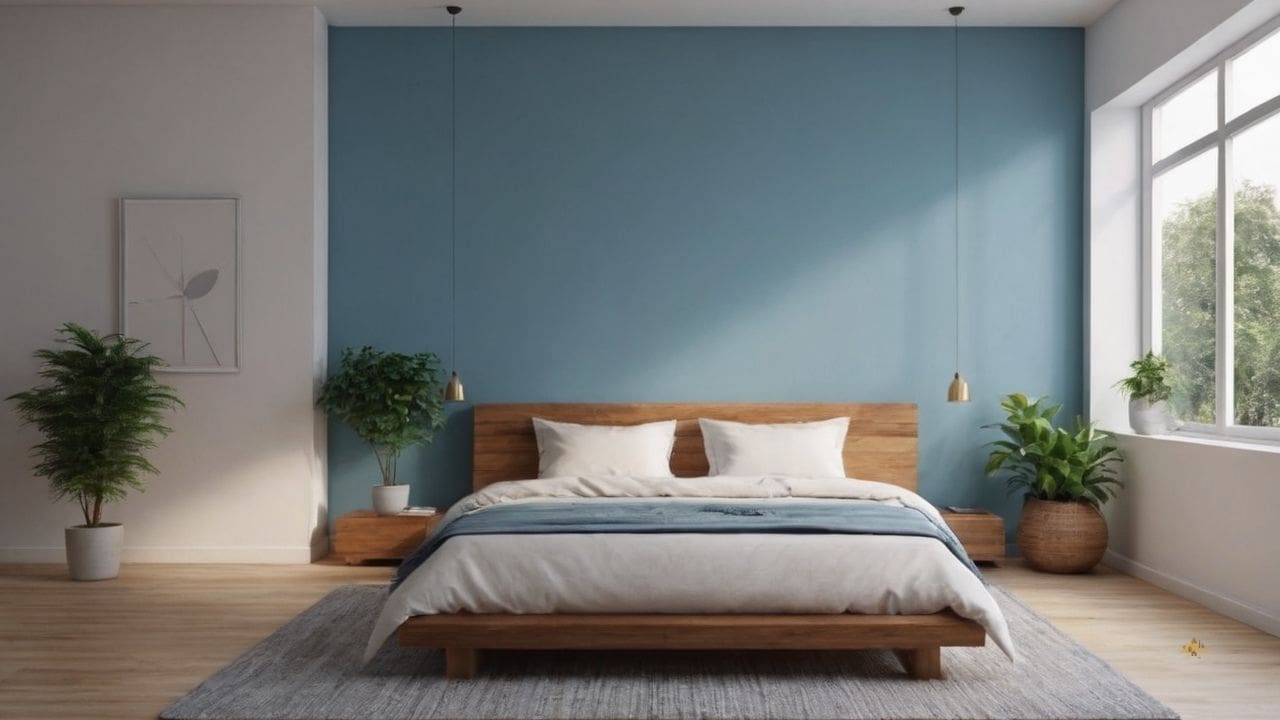 7. Um quarto azul claro proporciona combinação com arte moderna