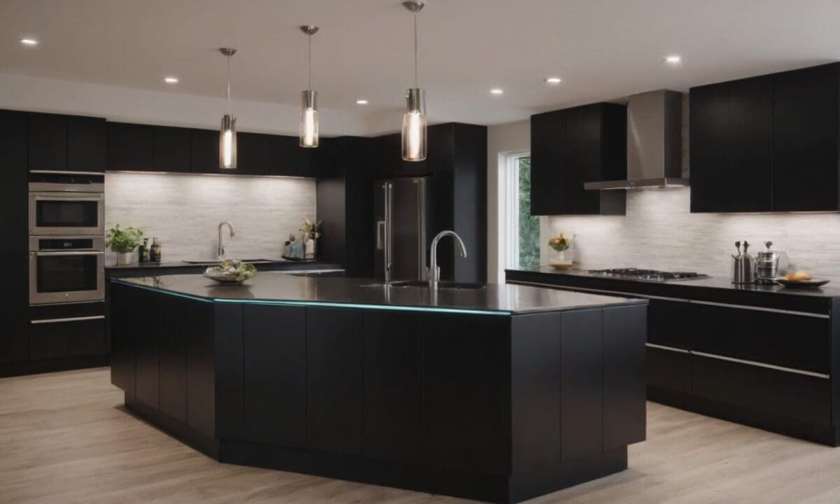 22. Cozinhas planejadas com bancada preta proporcionam iluminação personalizada