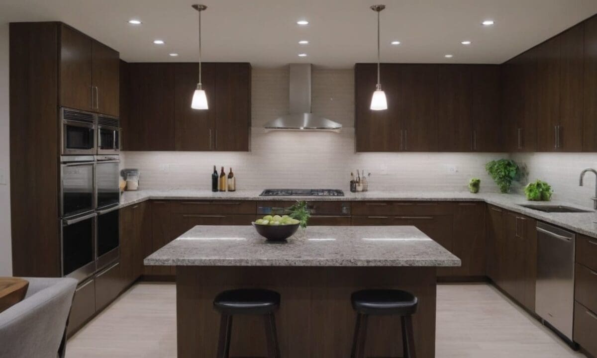 29. Cozinhas planejadas em L com bancada de granito proporcionam beleza realçada iluminação