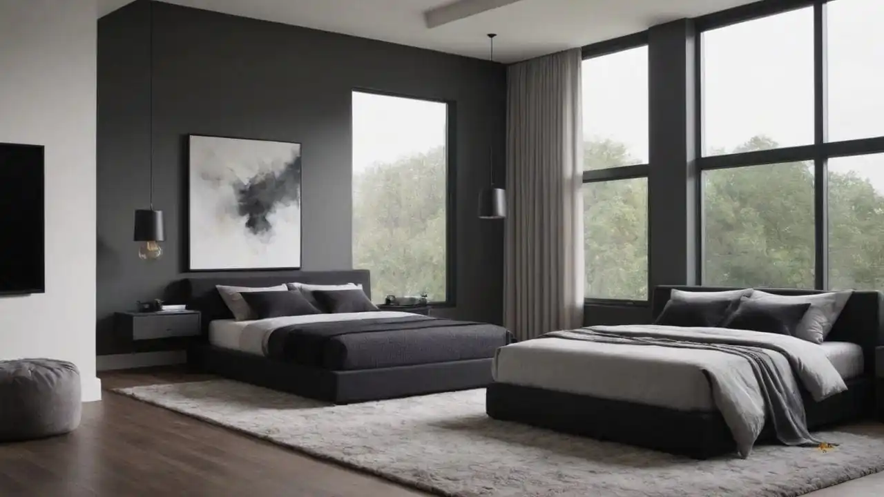 33. Quartos cinza e preto proporcionam valorização da luz natural