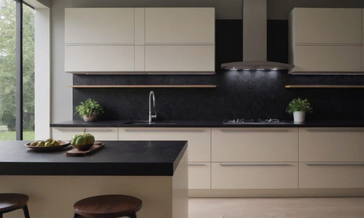7. Cozinhas planejadas com bancada preta proporcionam ambiente acolhedor