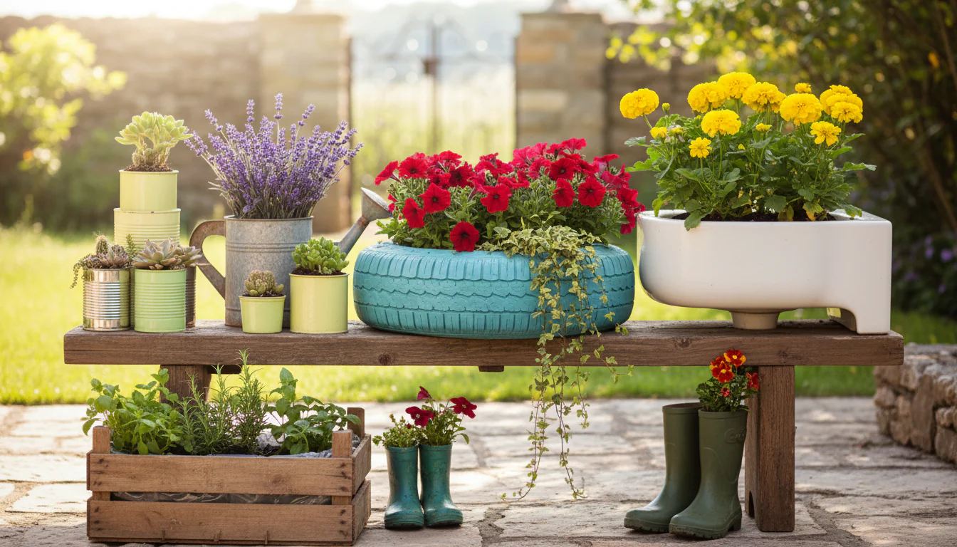 Itens reciclados: transformados em vasos ou floreiras Itens reciclados: transformados em vasos ou floreiras